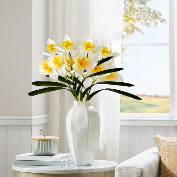 Latrodar Artificial Daffodil Stem Realistic Nylon Narcissus 18.5in Faux Yellow Flower with Green Leaves for Spring Table Centerpiece Vase Arrangement Easter Wedding Home Office Decor