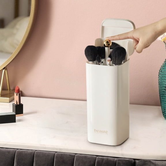 Gecau Automatic Lifting Cosmetic Brush Bucket Cosmetic Storage Box High-grade Sense Dressing Table Cosmetic Bucket Proof Cover Crafted with Care White 4.32x4.64 Inch Home Decor