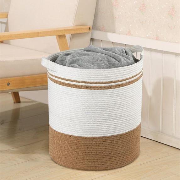 Latrodar Clothes Storage Basket Large Cotton Rope Basket Toy Basket With Handle Storage Comforter Cushions Thread Laundry Hamper Coffee Durable 12.2x3.6 Inch