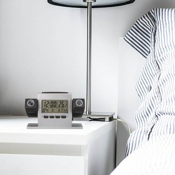 Latrodar Double Projection Electronic Clock Double Rotation Can Project Temperature Alarm Clock Safety Guaranteed Silvery 6x4 Inch Home Essentials