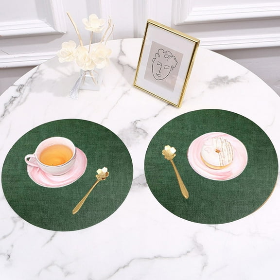 Latrodar Fabric Leather Round Table Mats Double Sided Placemats Hotel Household Western Food Mats Bowl Mats Green Party Favor 13.2x0.08 Inch