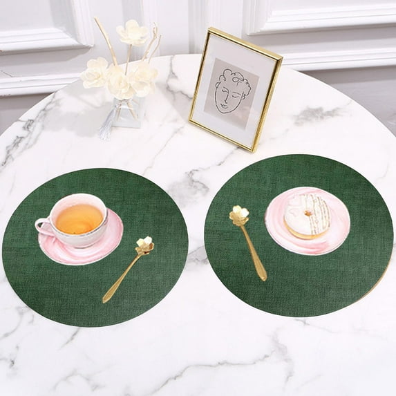 Latrodar Fabric Leather Round Table Mats Double Sided Placemats Hotel Household Western Food Mats Bowl Mats Green Party Favor 13.2x0.08 Inch