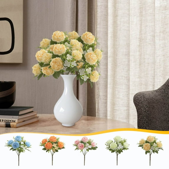 Latrodar Fake Flowers in Vase Rose Yellow Bouquet Faux Flowers 6 Heads Artificial Flowers Mini Silk Rose Bouquet for Wedding Indoor Office Dining Room Kitchen Living Room Floral Decor