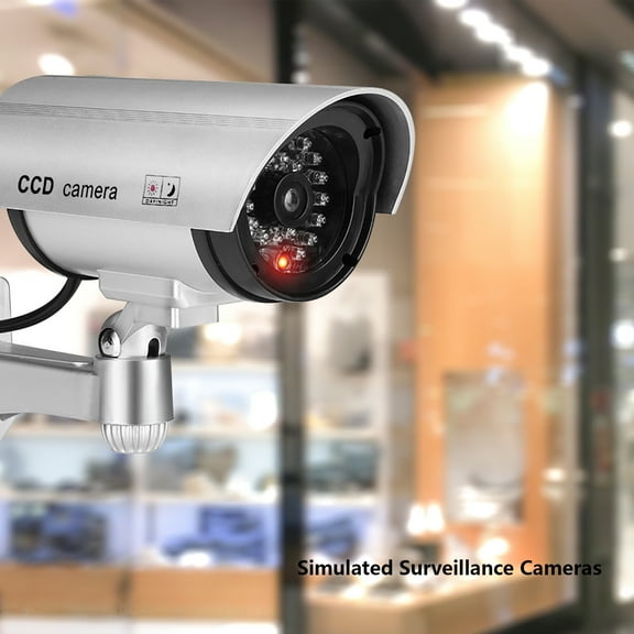 Gecau Fake Security Camera,Camera Surveillance System,Wireless Surveillance System Realistic Look Indoor With Flashing Red LED For Home Business silver Cr