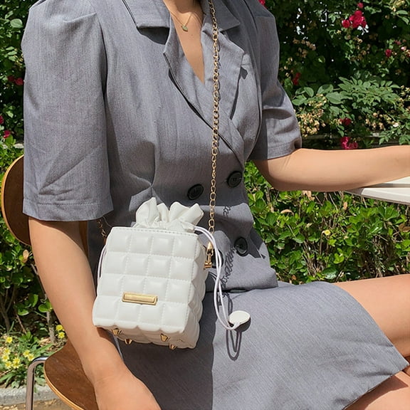 Latrodar Fashion Women Leather Checker Pattern Drawstring Chain Shoulder Elaborately Made id Color Small Purse White Home Decor