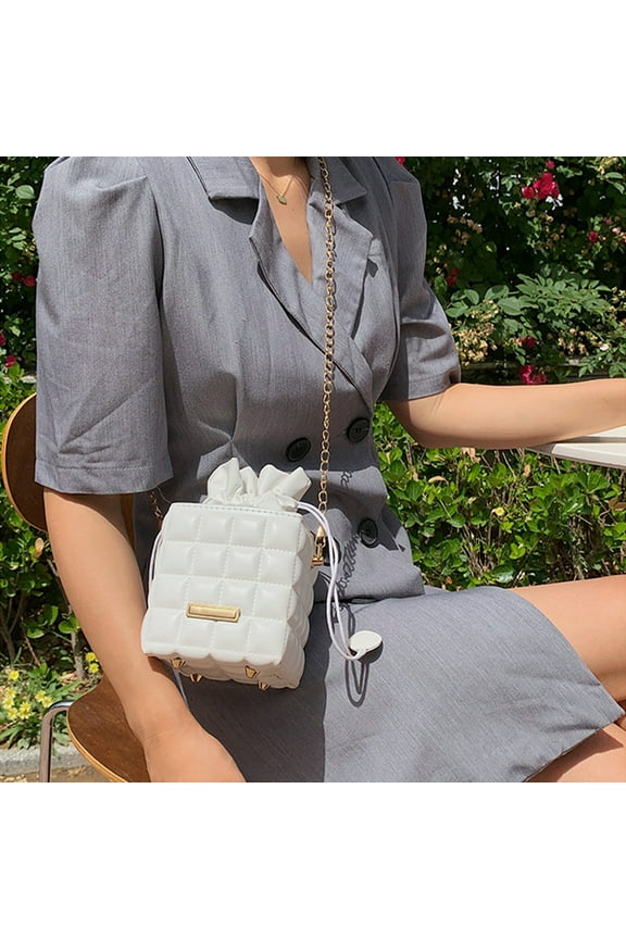 Fashion Women Leather Checker Pattern Drawstring Chain Shoulder Elaborately Made id Color Small Purse White Home Decor