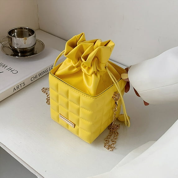 Latrodar Fashion Women Leather Checker Pattern Drawstring Chain Shoulder Meticulously Crafted id Color Small Purse Yellow Home Decor