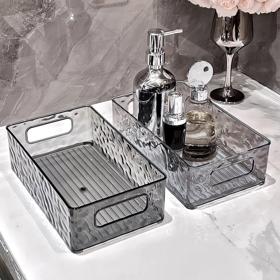 Gecau Glacier Pattern Storage Box High Value Bathroom Desktop Cosmetic Organiser Plastic With Handle Storage Basket Gray Upgraded 10x6 Inch