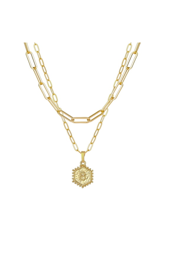 Gold Plated Chain Necklace For Women Hexagon Letter Pendant Layering Necklace Gold