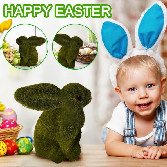Latrodar Grass Easter Furry Flocked Bunny Miniatures Standing Moss Garden Secure multicolor 6.8x5.6 Inch Home Decor