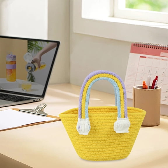 Gecau Handbag Picnic Basket Cotton Rope Woven Bag Yellow Upgraded