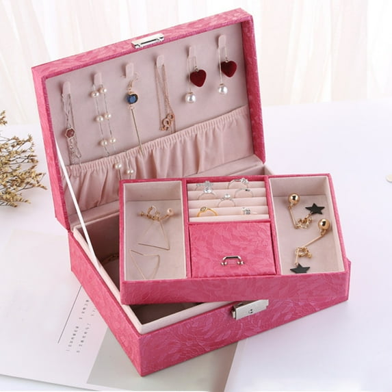 Latrodar Jewelry Box With Lock Jewelry Organizer Storage Case With 2-Layers Display For Earrings Bracelets Rings Watches Rose Red Decorative 7.4x3.6 Inch