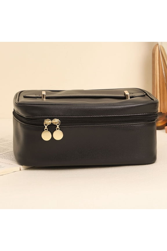Latrodar Large Capacity Travel Cosmetic Bag,Travel Makeup Bag Leather With Brushes Slots Divider Flat Lay Cosmetic Bag Portable Makeup Organizer Black Novelt