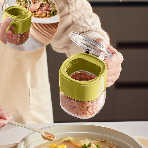 Latrodar Press Glass Seasoning Jar Kitchen MSG With Spoon Flip Cover Seasoning Box Yellow Durable 3.52x4.32 Inch