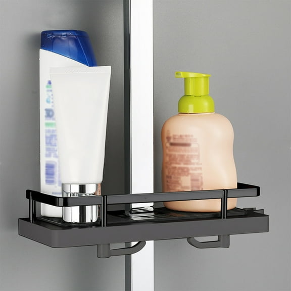 Latrodar Rod Shower Rack Punch- Shower Caddy Shelves Slide Bar For Shower, Shampoo, Soap HolderSuitcase,with Stainless Steel Guardrail, Shower Shelves W Blac