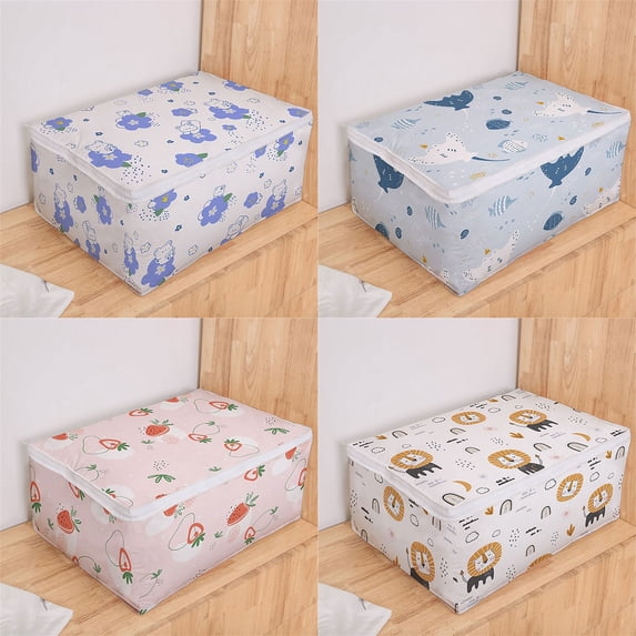 Gecau Storage Containers with Lids Double Zipper Travel Packing Organizers Bedroom Toy Organizer Cute Print Travel Packing Organizers Strong Handles for Comforters Blanket Clothing Sheet Toys 1PC