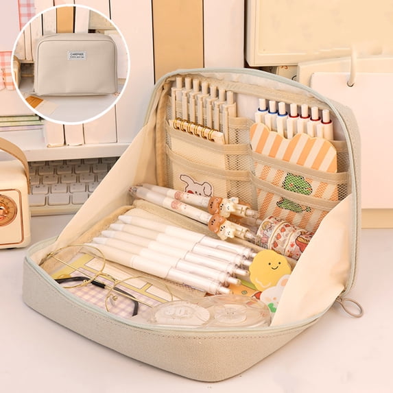 Gecau Student Large Capacity Stationery Bag Button Three Layer Of Canvas High Appearance Succinct Storage Pen Bag Gray Creative