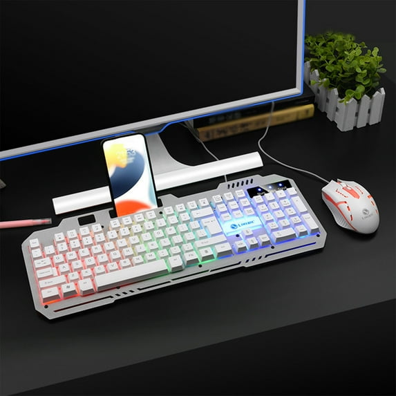 Latrodar T25 Game Luminous 104 Key Mouse And Keyboard Set Wired Crafted with Care Mobile Phone Bracket White 21x7.2 Inch Home Gadgets