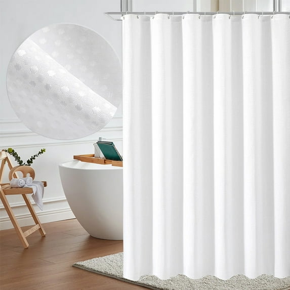 Latrodar Teal Fabric Shower Curtain For Bathroom Weave Heavy Duty Affordable&High-Quality ith 12 Plastic Hooks White Home Decor