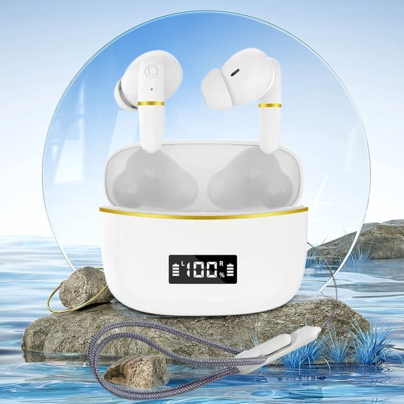 Gecau Wired Bluetooth Earphones, Digital Display, Battery Eco-Friendly Material Bluetooth Earphones White 4.4x4 Inch Home Gadgets