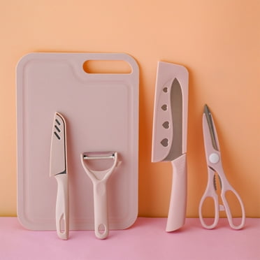Latrodar With Chopping Board Fruit Knife Set Scissors Vegetable Knife Paring Knife Case Kitchen Portable Knife Set Pink Creative 7.76x2 Inch