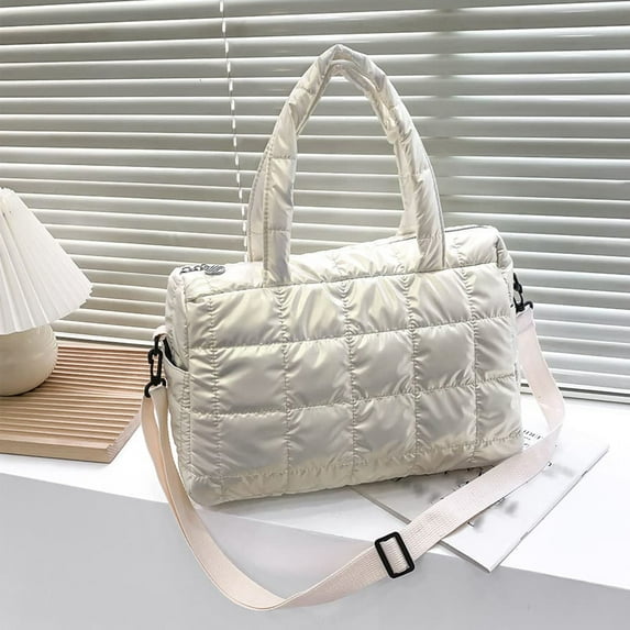 Latrodar Women's Tote Bag Large Shoulder Bag,Tote Padded Winter Handbag Space Tote Bag Feather Shoulder Bag Shopping White Decorative