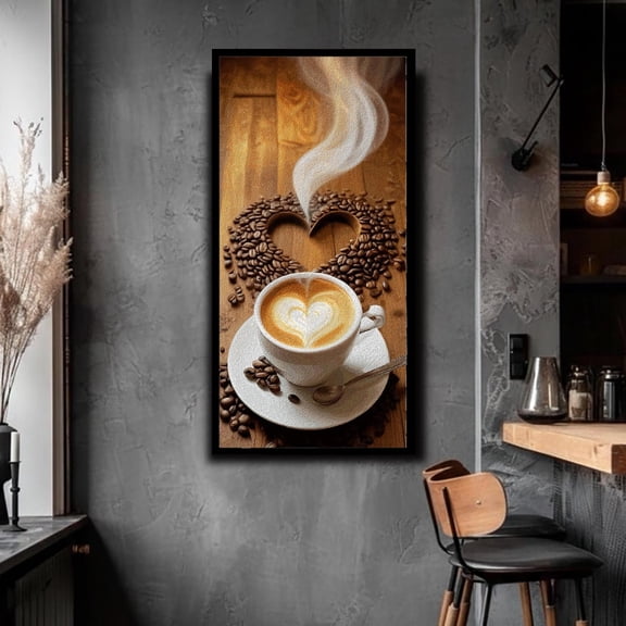 Latte Art Print, Heart Coffee Cup With Beans, Unframed Paper Poster 8x10in