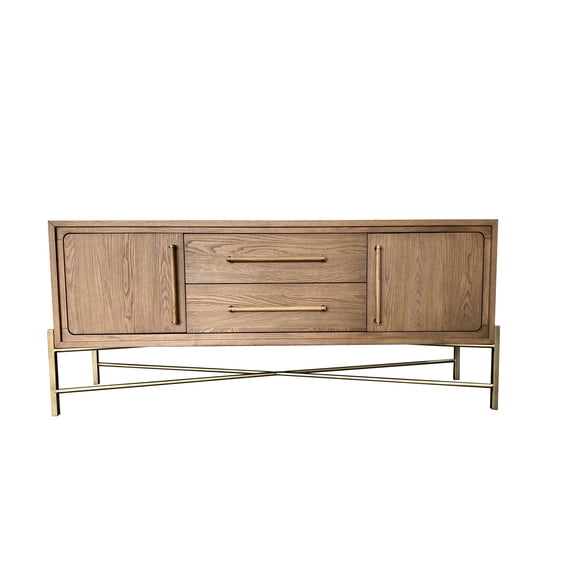 Latte Finished Sideboard With Metal Base, Ports, And Veneers, Superb Base Brown, Appealing