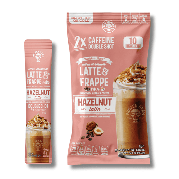 Latte & Frappe Instant Coffee Mix (10-Pack) Hazelnut - Made with Arabica Coffee, x2 Double Shot Caffeine, Low Sugar, Hot, Iced or Blended Drinks