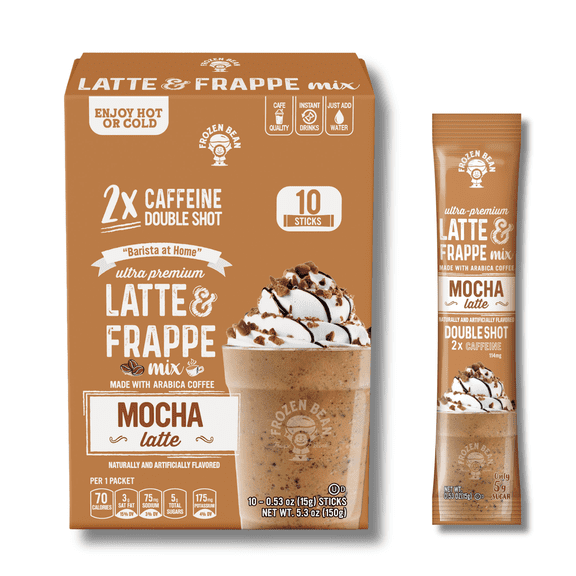 Latte & Frappe Instant Coffee Mix (10-Pack) Mocha - Made with Arabica Coffee, x2 Double Shot Caffeine, Low Sugar, Hot, Iced or Blended Drinks - Premium Ingredients