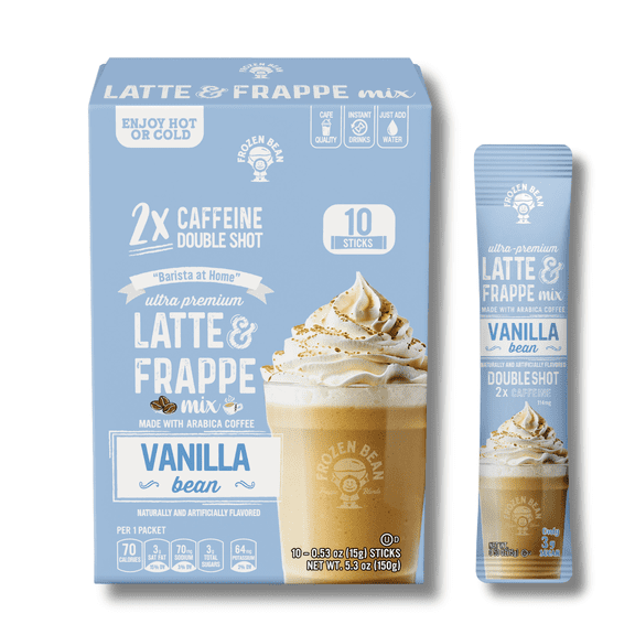 Latte & Frappe Instant Coffee Mix (10-Pack) Vanilla Bean - Made with Arabica Coffee, x2 Double Shot Caffeine, Low Sugar, Hot, Iced or Blended Drinks - Premium Ingredients
