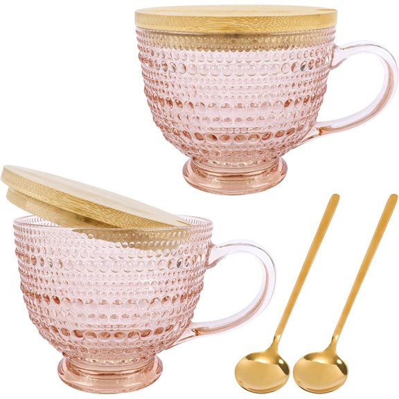 Latte Mugs Set of 2, 16oz Large Glass Embossed Coffee Mug Latte Cup with Lid and Spoons, Insulated Cups Iced Water Ribbed Glasses Breakfast Cup Set for Family