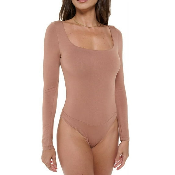 Latte Small Size Women's Long Sleeve Square Neck Bodysuit, Sexy Casual Cute Going Out Top Body Suit, Trendy Spring Summer 2024