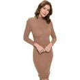 thumbnail image 1 of Women's Long Sleeve Midi Cocktail Bodycon Dress, Stretchy Ribbed Knit, High Neck(Latte X-Large Size), 1 of 6