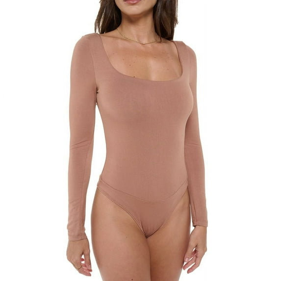 Women's X-Large Square Neck Long Sleeve Bodysuit, Latte