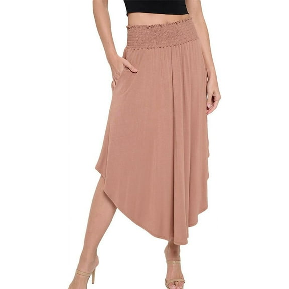 Women's Plain Smocking Flair Bell Bottom Skirt for Casual and Daily Dresses(Latte X-Large Size)
