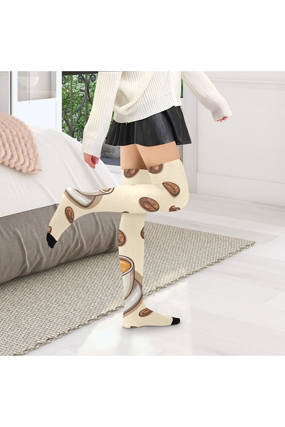 Latte and Coffee Beans Womens Thigh High Stocks Over Knee High Socks Thigh Tigh Boot Stockings