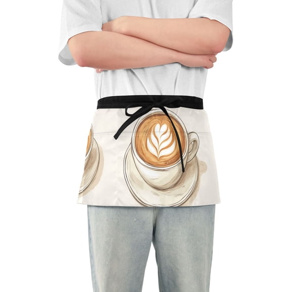Lattee Coffee Hand Drawn Short Server Apron with 3 Pockets for Unisex Chef Gardening