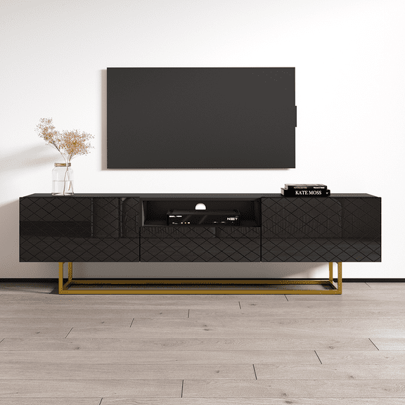 Lattice 01 TV Stand for TVs up to 85", Mid-Century Modern High Gloss 75" Entertainment Center, TV Media Console with Storage Cabinets