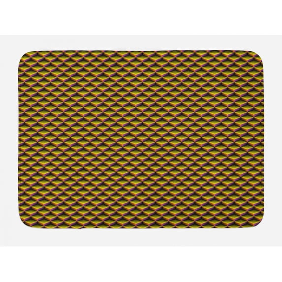 Lattice Bath Mat, Striped Cubes 3D Style Futuristic Hipster Fashion Vibrant Colors, Plush Bathroom Decor Mat with Non Slip Backing, 29.5" X 17.5", Hot Pink Yellow, by Ambesonne
