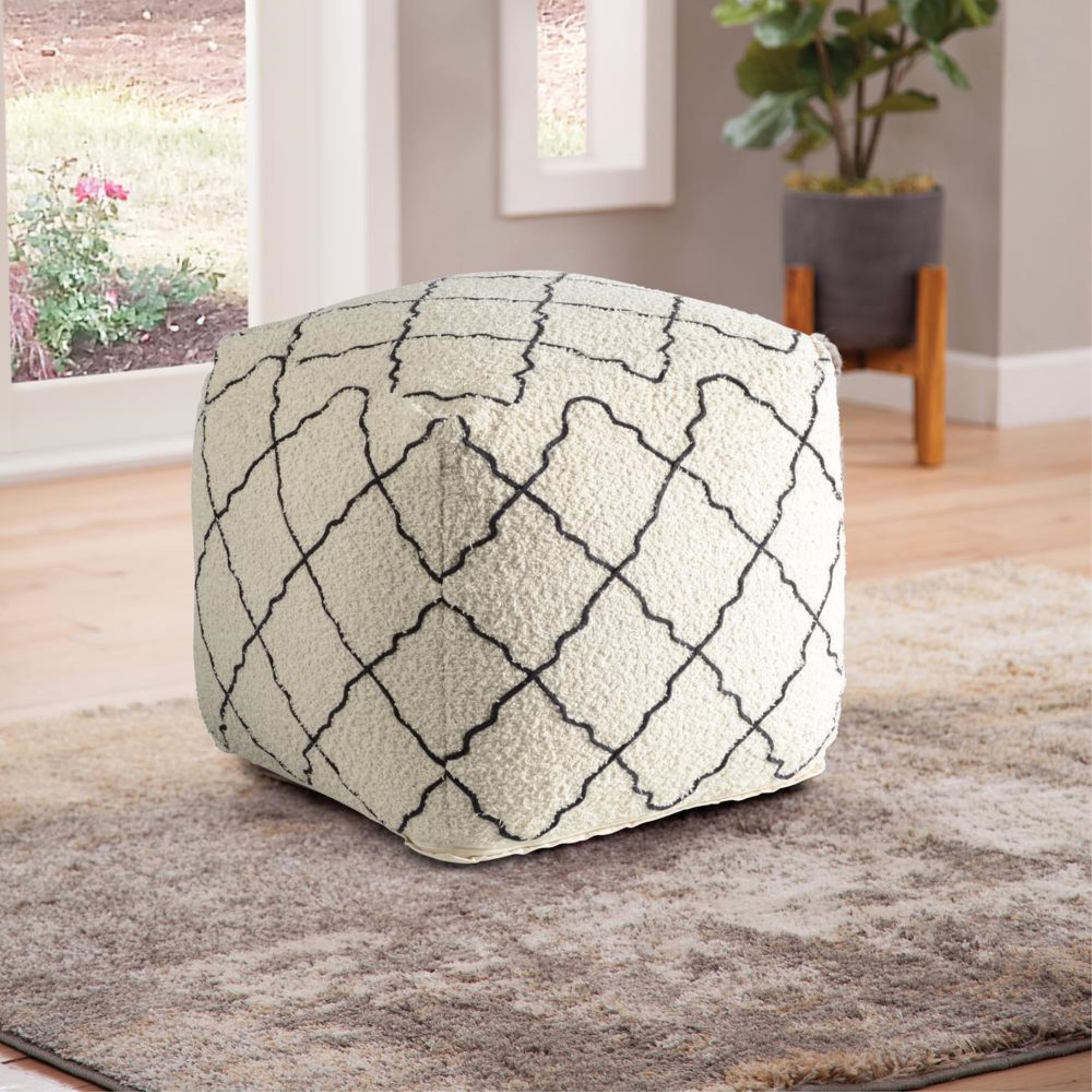 Lattice Cream and Black Square Fabric Pouf Ottoman