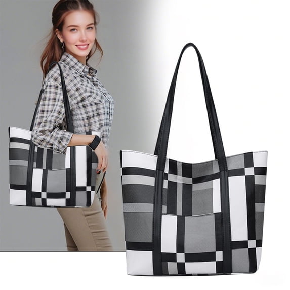 Lattice Design Large Capacity Tote Bag for Women, PVC Waterproof Shoulder Handbag with Structured Shape, Trendy Work Commute Bag for Office Travel and Casual Errands