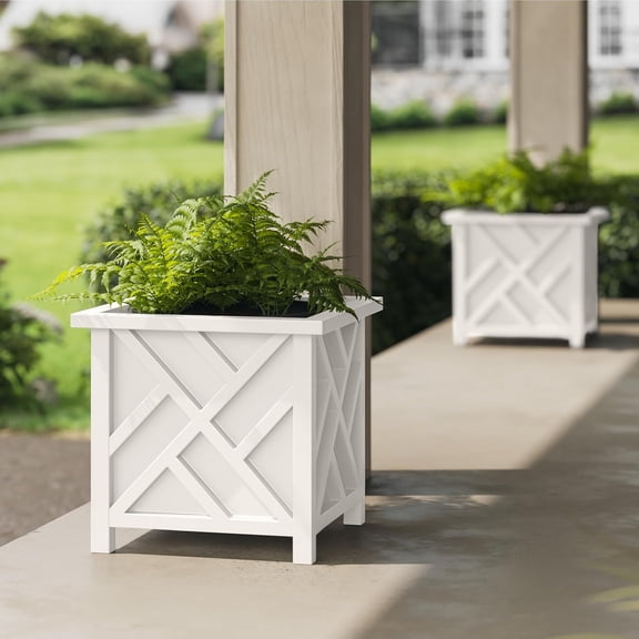Lattice Design Outdoor Planter Box 2-Pack - 15.5 Square 16.5 Tall White Decorative Plant Pots for Front Porch Decor - Flower Pots Outdoor Planters for Porch Patio or Garden Decor by