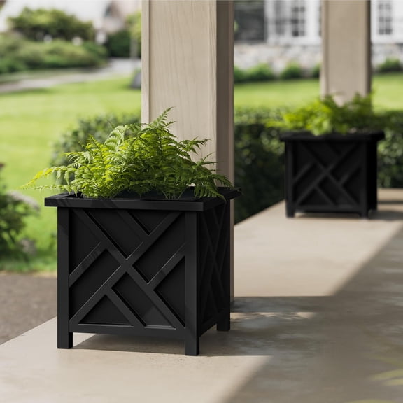 Lattice Design Outdoor Planter Box 2-Pack - 15.5” Square 16.5” Tall White Decorative Plant Pots for Front Porch Decor - Flower Pots Outdoor Planters for Porch Patio or Garden Decor
