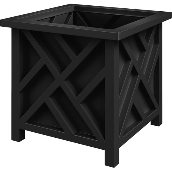 Lattice Design Planter Box - 15.5"D x 15.5"W x 16.5"H - Square Decorative Outdoor Flower or Plant Pot - Front Porch, Patio, and Garden Decor (Black)