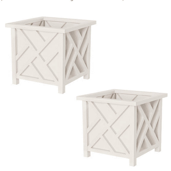 Lattice Design Planter Box 2-Pack 14.75-Inch D rative Outdoor Flower or Plant Pots Front Porch, Patio, and Garden D r (White)