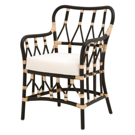Lattice Design Wooden Arm Chair with Rattan Binding, Black- Saltoro Sherpi