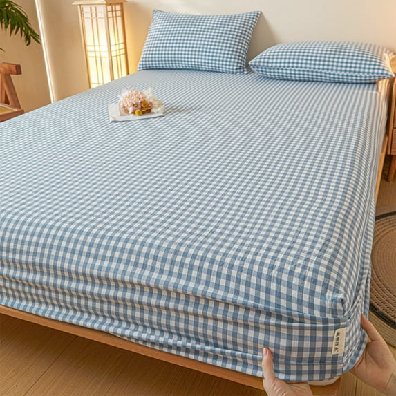 Lattice Double Bed Sheet - Non-Slip Fitted Cotton Linen Mattress Cover - 200x150cm/78.74x59.06in - Blue, Pink, Green, Coffee - Stretch Elastic Corners - 6" Deep Pocket - Machine Washable