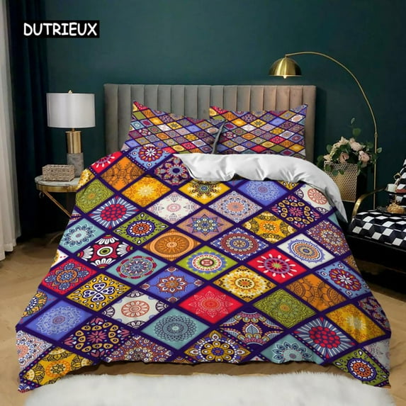 Lattice Duvet Cover Set King Size Hexagonal Lattice Boho Ethnic Mandala Pattern Bedding Set Super So