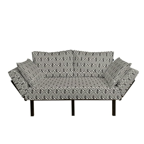 Lattice Futon Couch, Twisted Lines Inside Hexagon Shapes in Repetition Modern Grid Ornament, Daybed with Metal Frame Upholstered Sofa for Living Dorm, Loveseat, Charcoal Grey and Ivory, by Ambesonne
